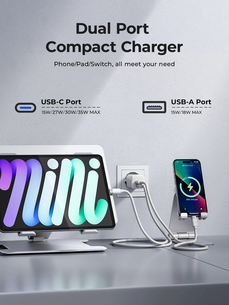 ORICO-GaN USB C Charger, EU Plug, PD Fast Charging, Dual Port, iPhone 13, 12, Max Pro, iPad, Xiaomi, Samsung, 35W