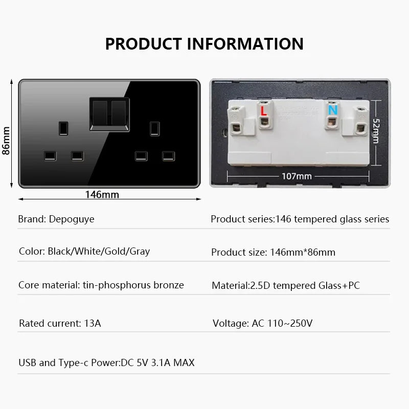 UK 13A Wall Socket with Type-C 18W Fast Charging Plug Socket,Glass Panel Power Double Universal Outlet with Quick USB C charge