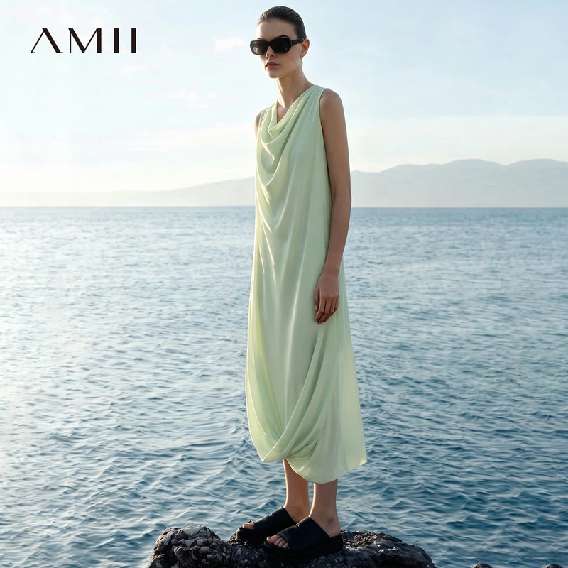 Amii Sleeveless Women's Casual Dresses 2026 Summer New Loose Fit Chiffon Elegant Cowl Neck Office Long Dress For Women 12642046