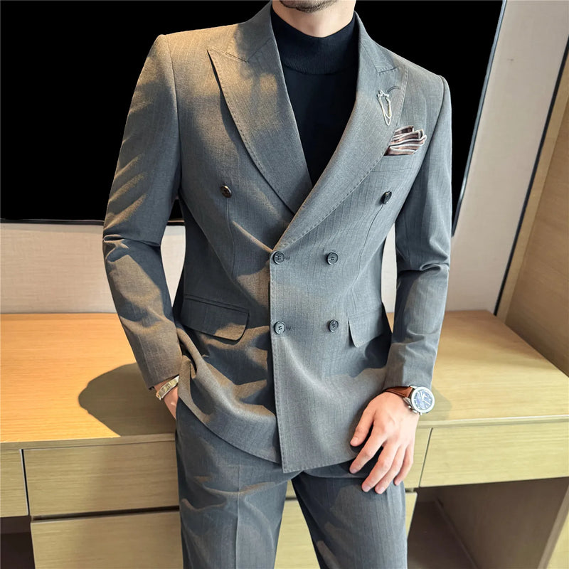 Men's Two-Piece Suit Set ( Jacket + Pants ), Dark Stripe Notched Lapel Double-Breasted, Wedding Business Formal Bridegroom