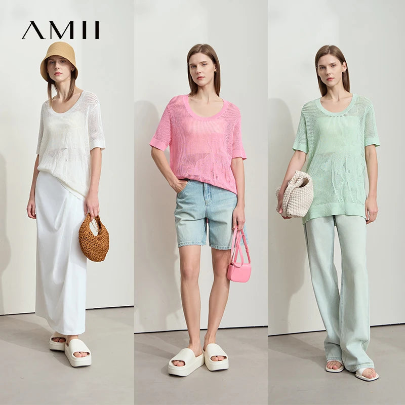 AMII Casual Summer Sweater Women 2026 Short Sleeve U-neck Plant Jacquard Hollow Flowered Wool Sweaters Woman Fashion 12552076