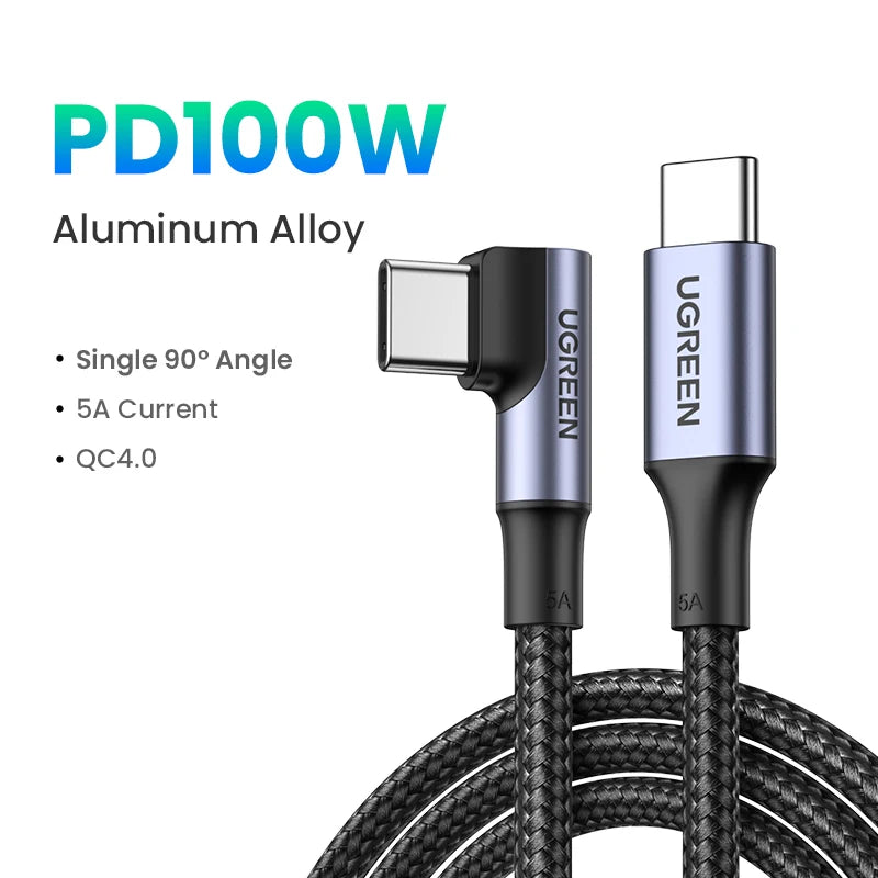 UGREEN 90 Degree Right Angle USB-C Cable PD100W/60W Type-C Gaming Charging Cable 5A/3A for iPhone 17/16 Samsung S26/25/24 0.5-3M