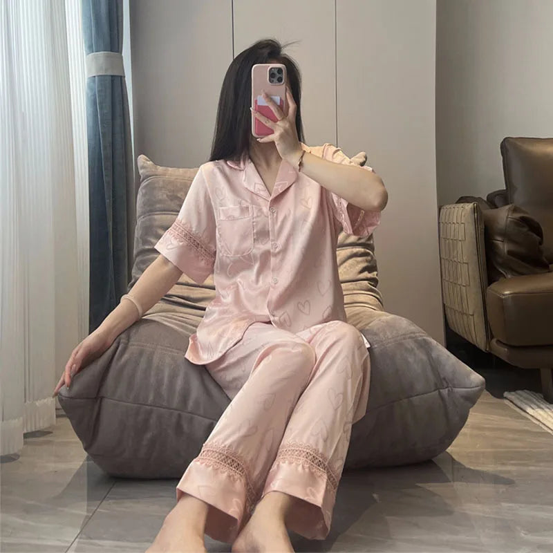 Thin Nightwear 2 Piece Nighty Pajama Set Women's Sleepwear Summer Short Sleeve Long Pants Buttons Lapel Top Pijamas Home Suit