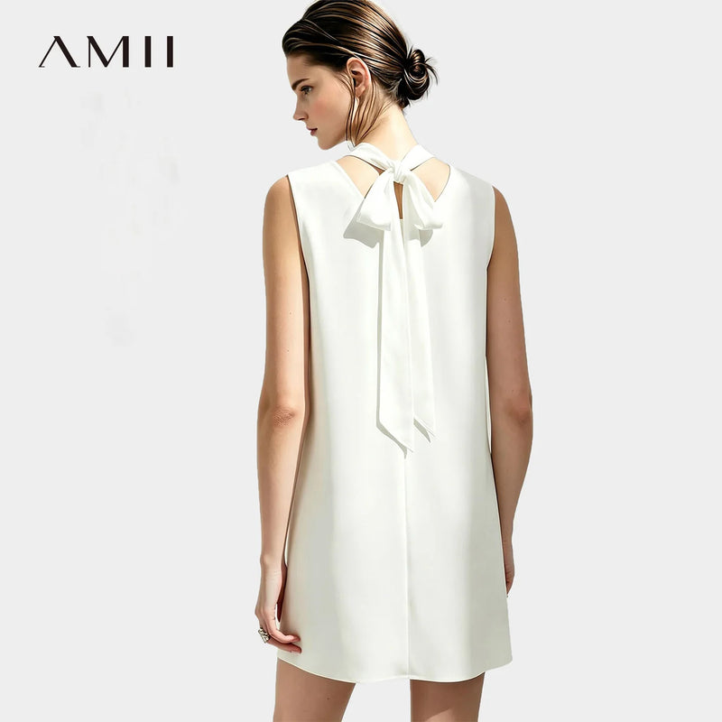 Amii A-Line Women's Dress 2026 Summer New Round Neck Flowy Elegant Tie Detail Loose Fit Casual Midi Dress For Women 12622178