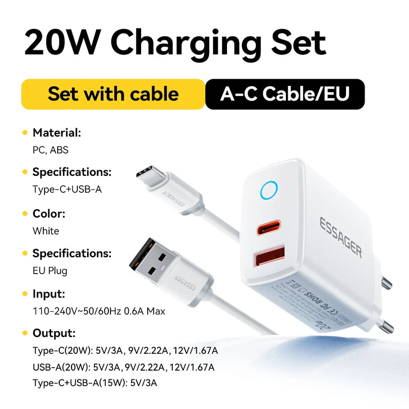 ឧបករណ៍សាកថ្មលឿន Essager PD 20W USB Type C សាកលឿន 4.0 3.0 QC PD សម្រាប់ iPhone 17 16 15 14 13 12 Pro Max ឆ្នាំងសាកទូរស័ព្ទ