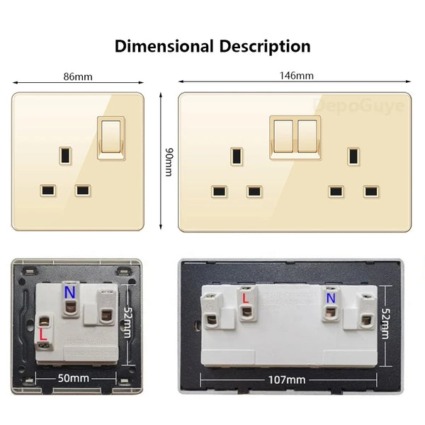 ឌុយរន្ធ USB កញ្ចក់រឹង 13A ពណ៌មាស, រន្ធដោតភ្លើងប្រភេទ C ទំហំ 18W សាកលឿនជាសកល 3pin រន្ធដោតភ្លើងពីរ, កុងតាក់ភ្លើងជញ្ជាំង 2 ផ្លូវ