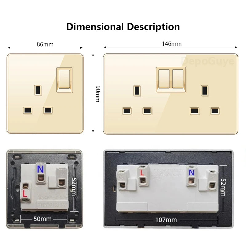 Gold UK 13A Tempered Glass USB Socket Plug,18W Type-C Fast charging Universal 3pin Dual Power Outlet,Wall 2way Light Switch