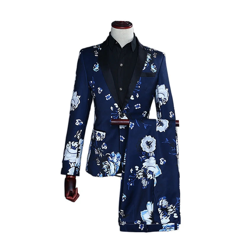 Men's Blue Printed Two-Piece Set, White Slim Fit Dress Jacket and Pants, Single Button Black Blazer Coat with Trouser.New 2026