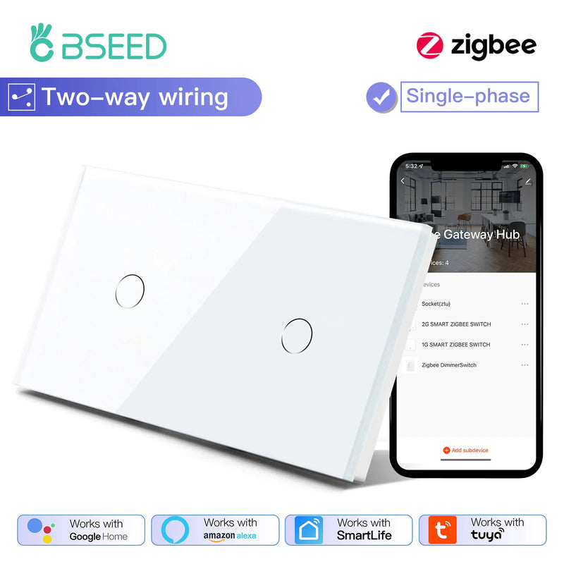 BSEED Smart Zigbee Touch Light Switch 1/2/3Gang Wall Touch Switch 2Way Wire Compatible with Smart Life Alexa Google Home