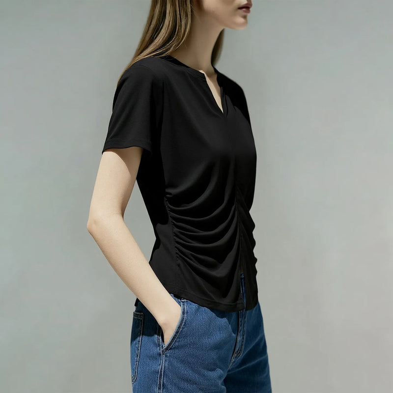 Amii Women's T-Shirt 2026 Summer New V Neck Hem Slit Shirred Knit Top Colid Color Casual Women's Short Sleeve T-shirt 12622129