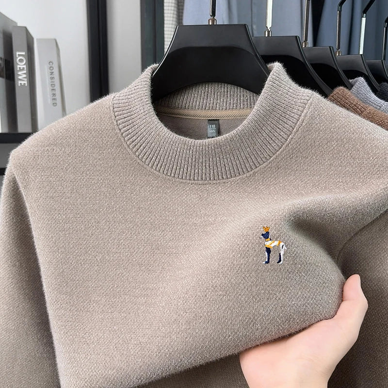 Man Long-Sleeve Knit Top Crew Neck Fleece-Lined Thickened Exquisite Embroidery Autumn Winter Leisure Keep Warm Men's Clothing