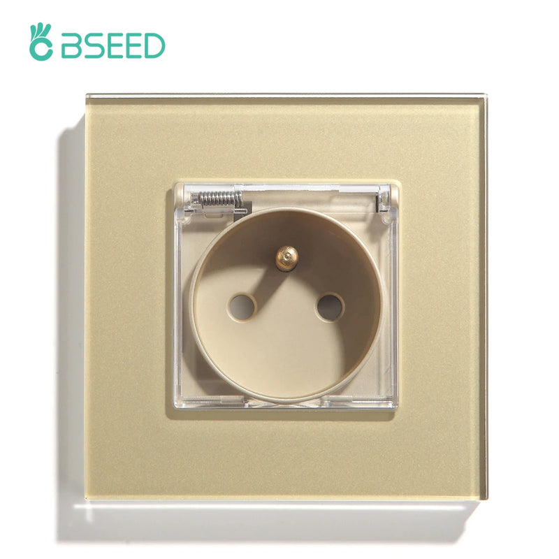 BSEED FR Standard Single Socket With Waterproof Cover Double Wall  French Outlets Triple Power Plugs 16A Glass Panel 110-250V