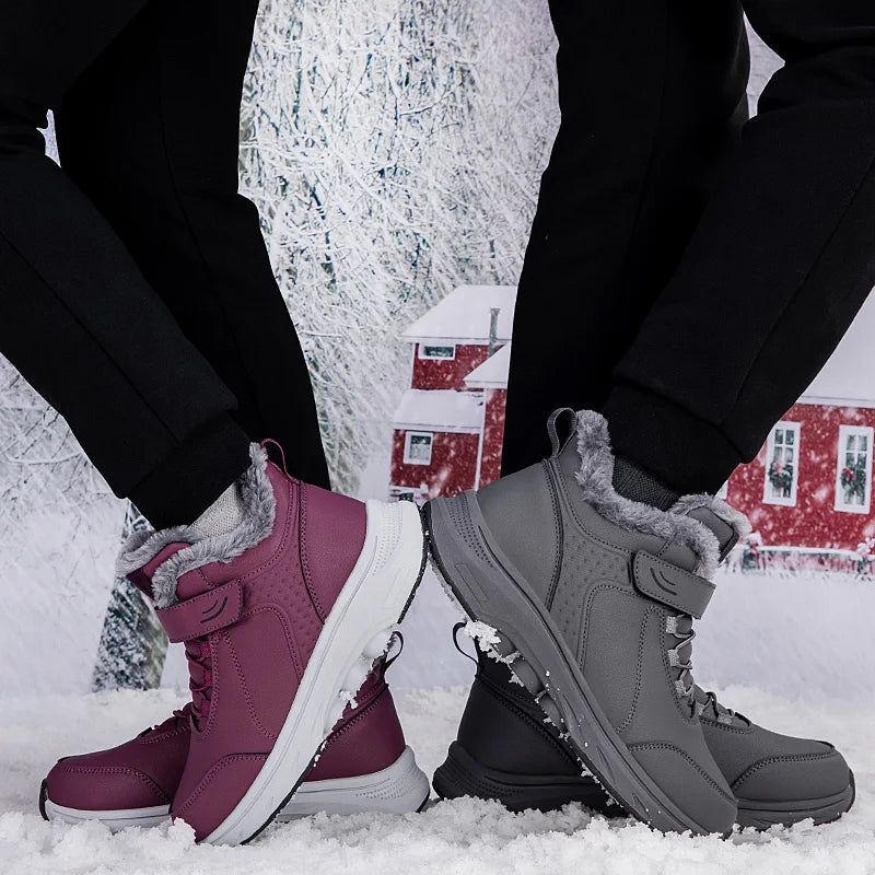 Winter Plush Lined Elderly Shoes PU Leather Non-Slip Rubber Adjustable Strap Warm Snow Boots Comfort Walking Shoes for Elderly