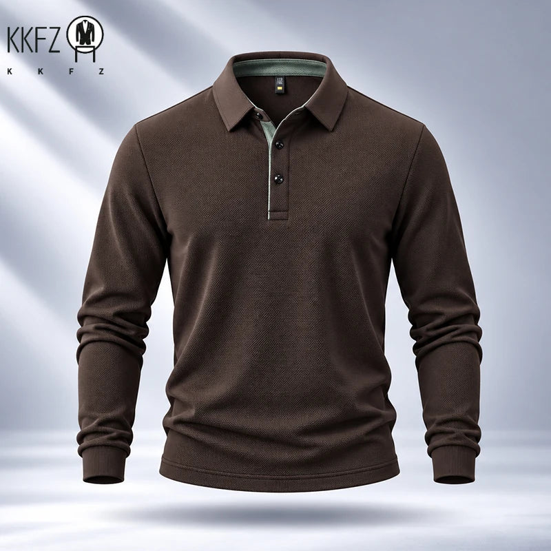 Premium Fabric Mens Polo Long Sleeve Shirt Fine Workmanship Turn Down Collar Top For Weekend Outdoor Scenes