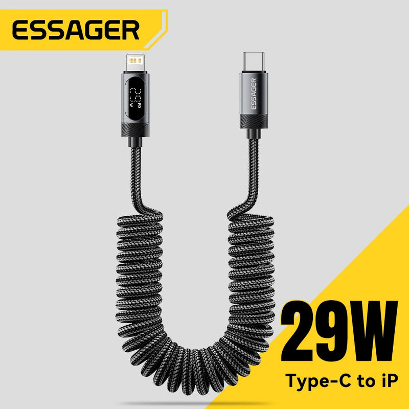 ខ្សែសាក Essager Car Spring USB C សម្រាប់ iPhone 14 13 12 11 PD សាកថ្មលឿន Type C ទៅខ្សែភ្លើងសម្រាប់ iPad Macbook ឌីជីថល DisplayPal