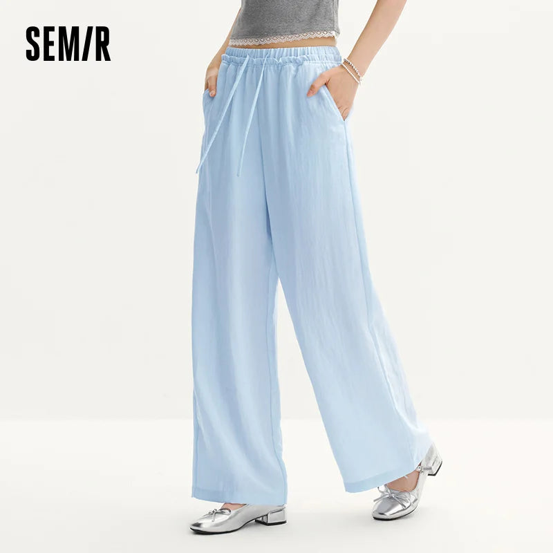 Semir Women Pants Textured 2026 Solid Ruffle Trim Elastic Waist Wide Leg Urban Casual Everyday Style Soft Comfortable