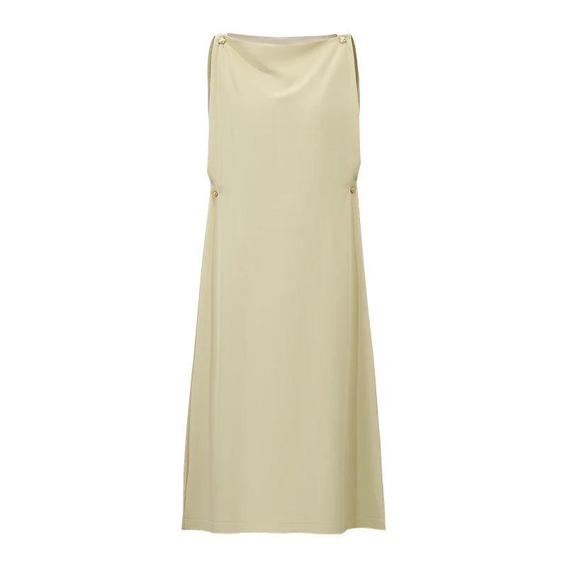 Amii Off Shoulder Women's Casual Dresses 2026 Summer New Metal Button Elegant Loose Fit Sleeveless Midi Women's Dress 12642112