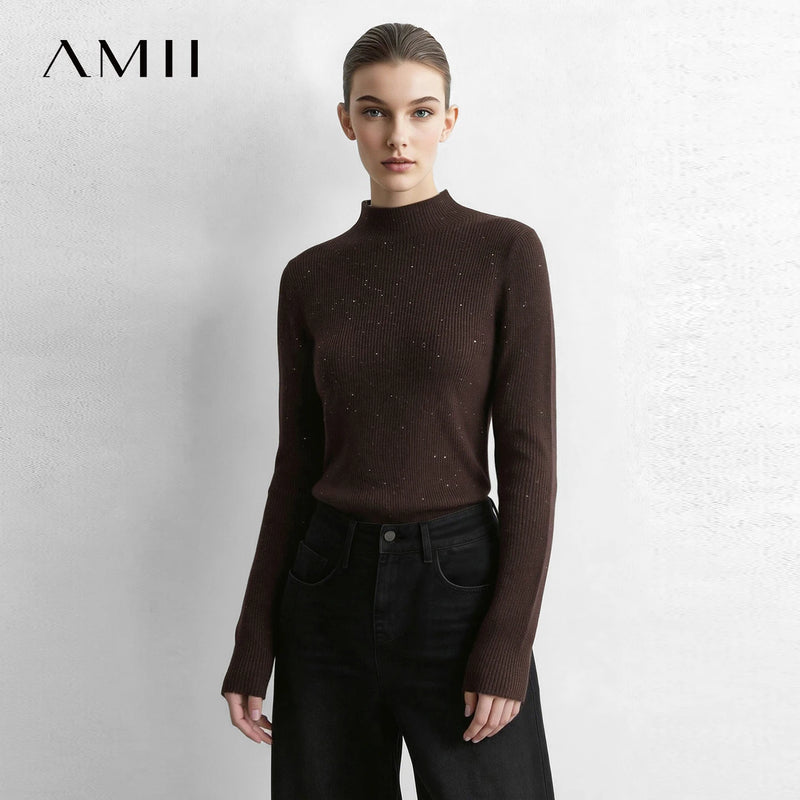 Amii Women's Silk Mock Neck Knit Top Slim Fit Versatile Commuter Minimalist Autumn 2026 Sweaters for Women 12614010
