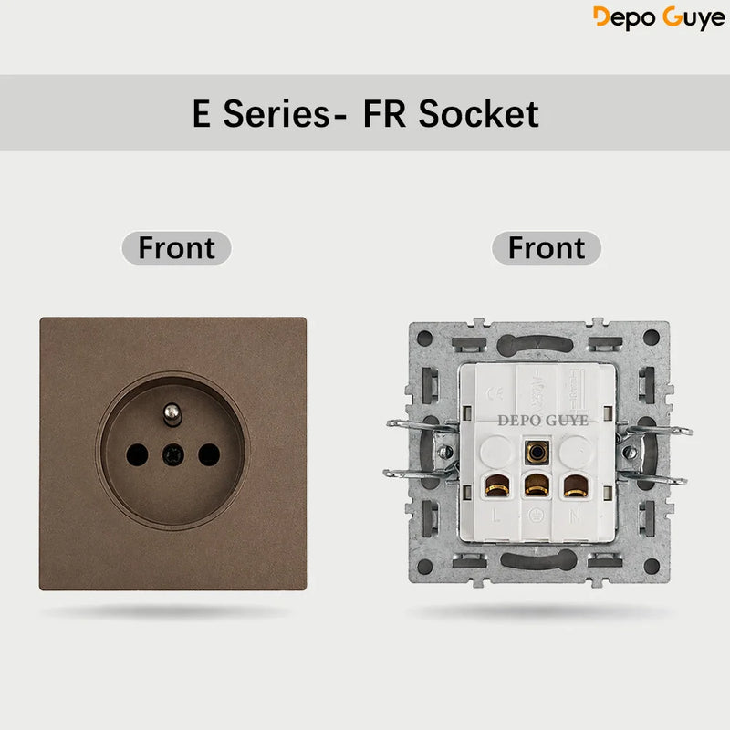 Brown EU Russia Socket with USB TypeC+A Double French 1 2 Gang TV Computer CAT6 Switch DIY Function Parts Plastic Frames