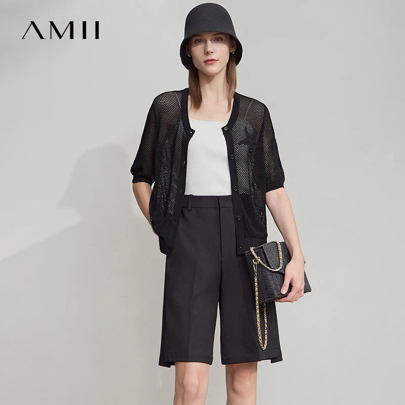 អាវយឺតការិយាល័យ AMII Minimalist Women 2025 ដៃខ្លីកមូល Jacquard រលុងប៉ាក់ Cardigan Woman Fashion 12552093
