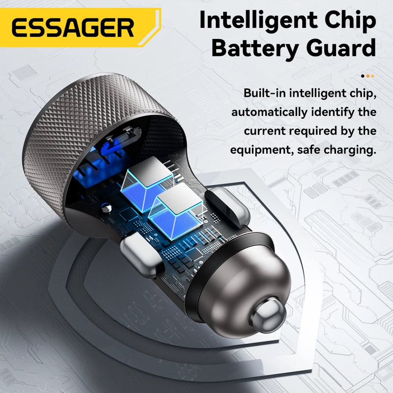 Essager USB C Car Charger 45W 2 Ports PD3.0 QC3.0 Digital Display Car Phone Charger For iPhone 16 15 Xiaomi Huawei Samsung OPPO