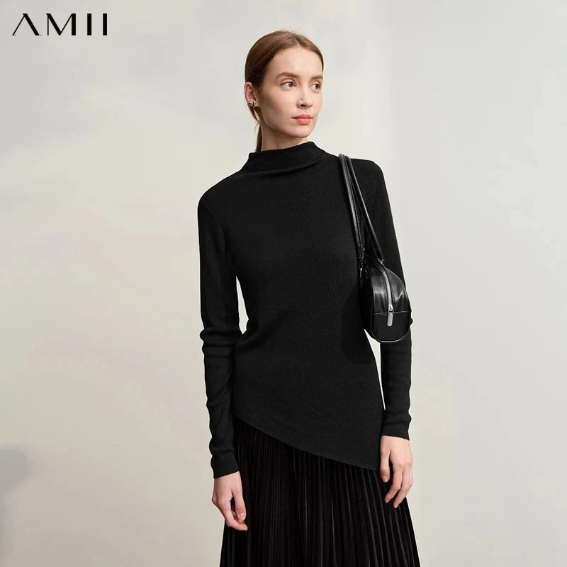 Amii Woman Sweater 2026 Winter New Casual Versatile Semi-turtleneck Sweater Asymmetrical Pullover Knitted Top Women 12524129