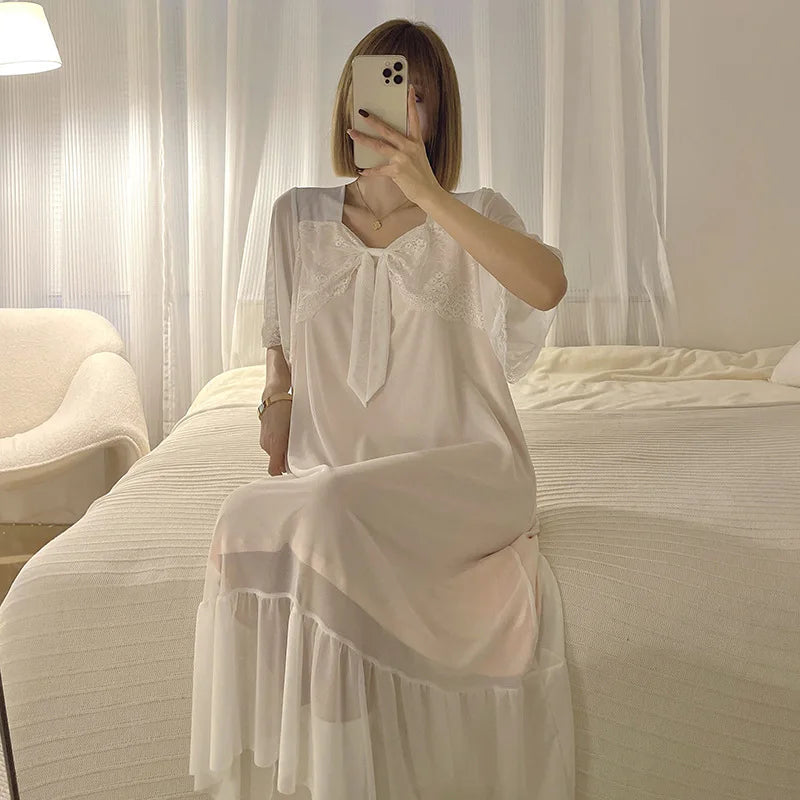 Summer Mesh Palace Nightgowns For Women With Butterfly Bow Night Dress Woman Loose Sleepwear Nightshirt Female Nightwear