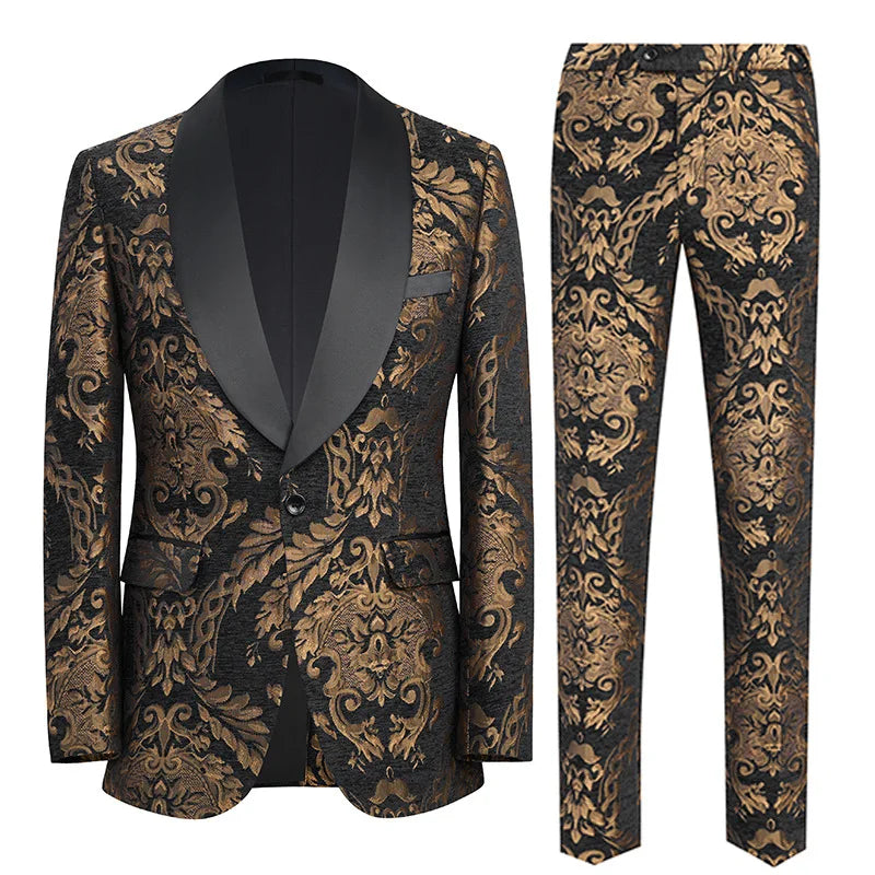 Luxurious Black Two-piece Men's Suit Set Featuring A Gold Jacquard Jacket and Trousers, Perfect for Weddings and Parties.