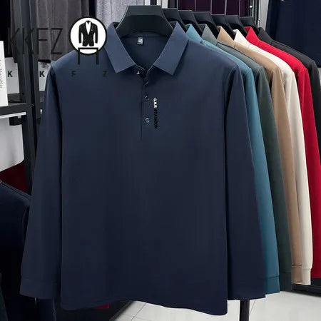 Spring Autumn Mens Lapel Polo Tops High Elastic Wrinkle Resistant Material Simple Chest Letter Print Slim Fit Menswear