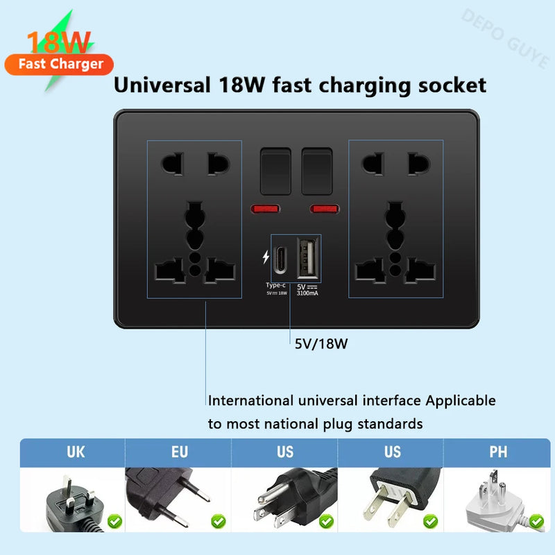 Universal Black USB Type-C 18W Smart Fast Charging Socket Double 5-pin Power Plug,UK  Electrical Internationa Wall Light Switch