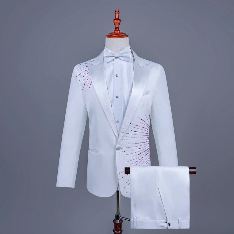 Men's Black Tuxedo Set with Diamond Embellished Jacket and Matching Trousers in White for Choirs/Stage Performances/Weddings