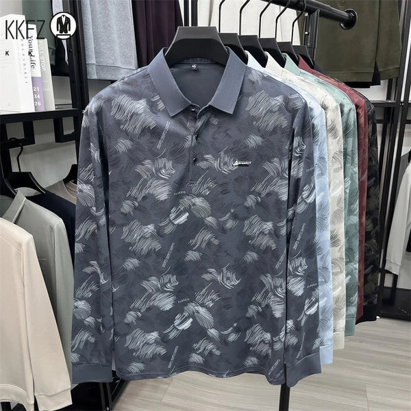 Men Breathable Mesh Polo Short Sleeve Lap Collar Abstract Feather Print Button Placket Relax Daily Wear Top