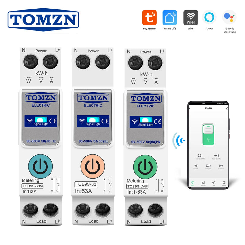 TOMZN 63A WIFI Smart Switch Energy Meter Kwh Metering Monitoring Circuit Breaker Timer Relay MCB TUYA Smartlife 1P+N