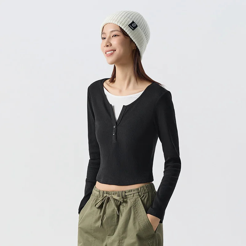 Semir Women Tshirt Cropped Mock Layer Colorblock Slim Fit Long Sleeve 2026 Shoulder Fit Knitted Urban Casual Everyday Top