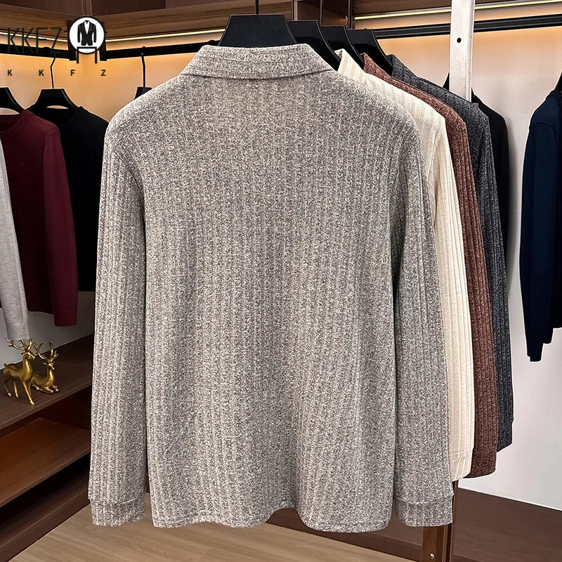 Men Casual Office Knit Polo Long Sleeve V Notch Collar Vertical Rib Texture Loose Comfort Pullover Shirt