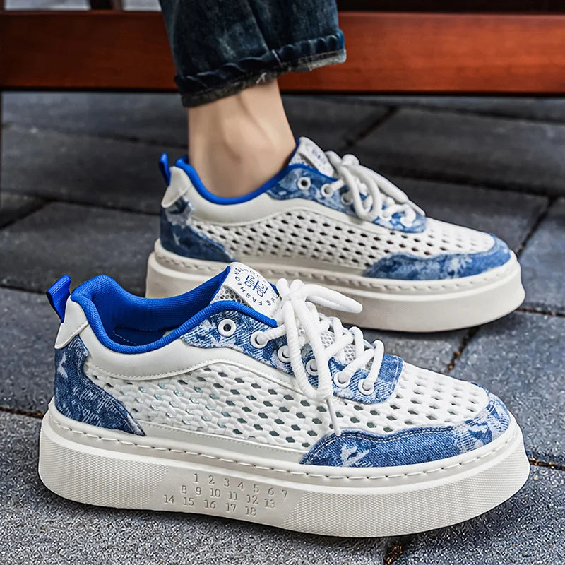 Men's mesh hollow thick-sole casual shoes summer soft-sole comfort breathable outdoor flat walking shoes youth sports board shoe