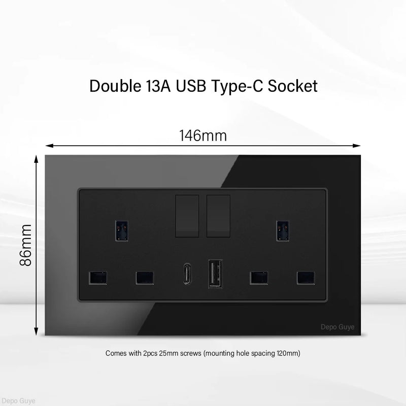 UK Black USB Type-C 18W Fast Charging Socket Universal Tempered Glass  Double 5-pin Power Plug,Home Electrical Wall Light Switch