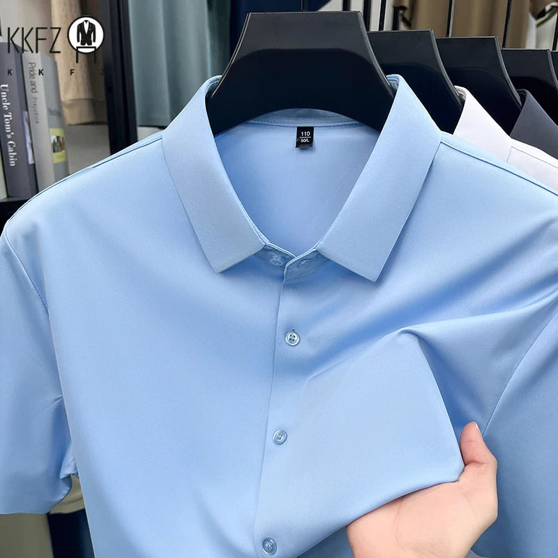 Men Summer Casual Short Sleeve Button Up Shirt Ice Silk Breathable Wrinkle Free Business Formal Shirt