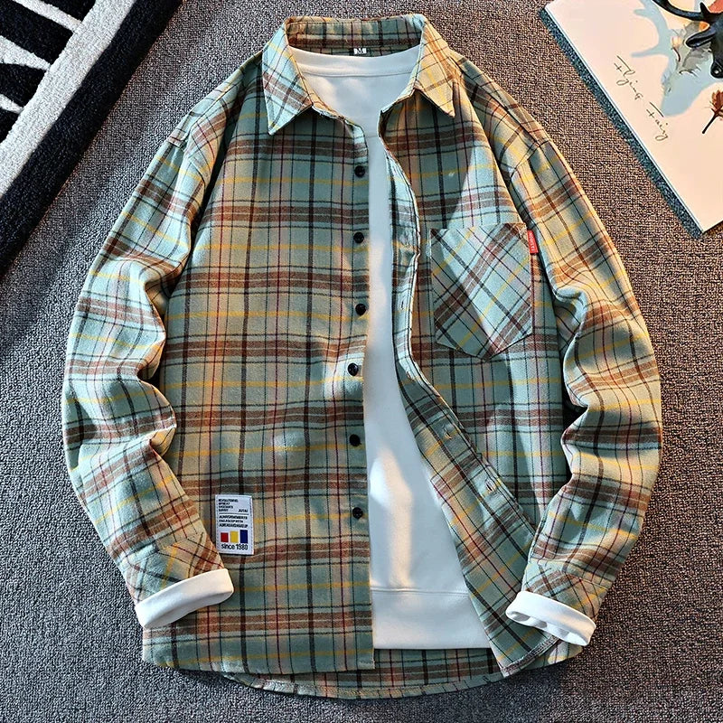 Men All Match Grid Outer Shirt Lapel Button Closure Classic Check Pattern Long Sleeve Daily Casual Top