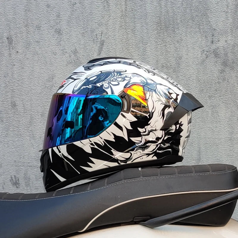 LVS Full Face Motorcycle Helmet with Dual Lens Stylish Fast Release Racing Helmet Moto DOT Approved