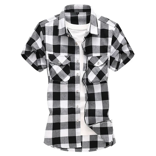 Men Red Striped Plaid Short-sleeved Shirt, Single-breasted Square Collar Cotton Shirts Summer Fashion Casual Camisa Men Chemise