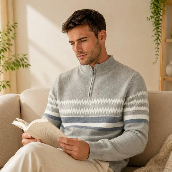 Men's Half-Zip Mock Neck Knit Sweater Fashion Geometric Pattern Casual Business Pullover Autumn Winter Warm Pullover