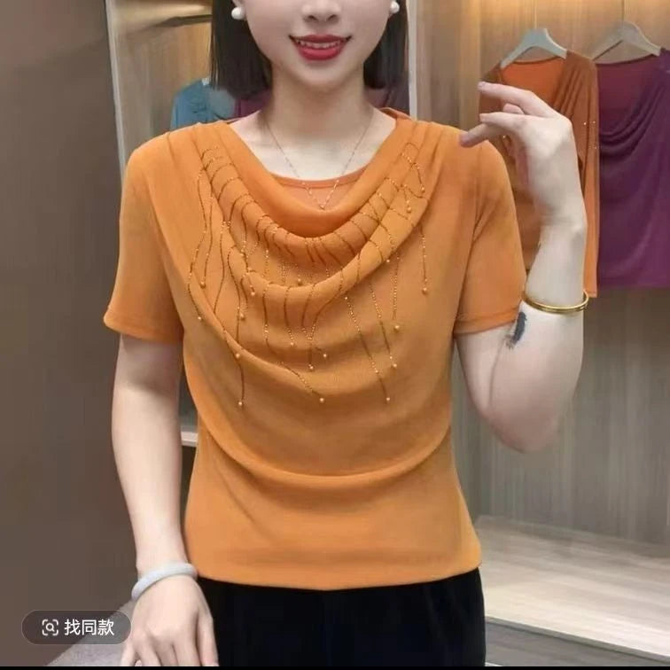សម្លៀកបំពាក់នារីដៃខ្លីរដូវក្ដៅសាមញ្ញផ្កាបីវិមាត្រពណ៌សុទ្ធសំណាញ់សូត្រភ្លឺអង្កាំ អាវយឺតនារី