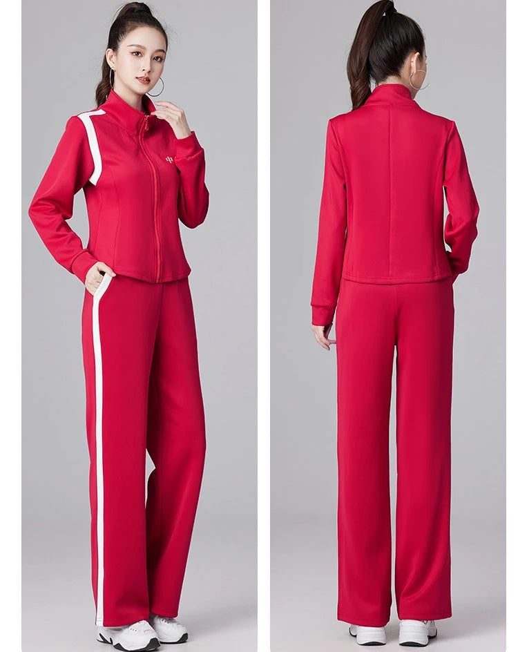 Women's Red Two-piece Sports Set for Spring and Fall, Featuring A Jacket with White Stripes and Matching Pants, Asian Sizes 6XL.