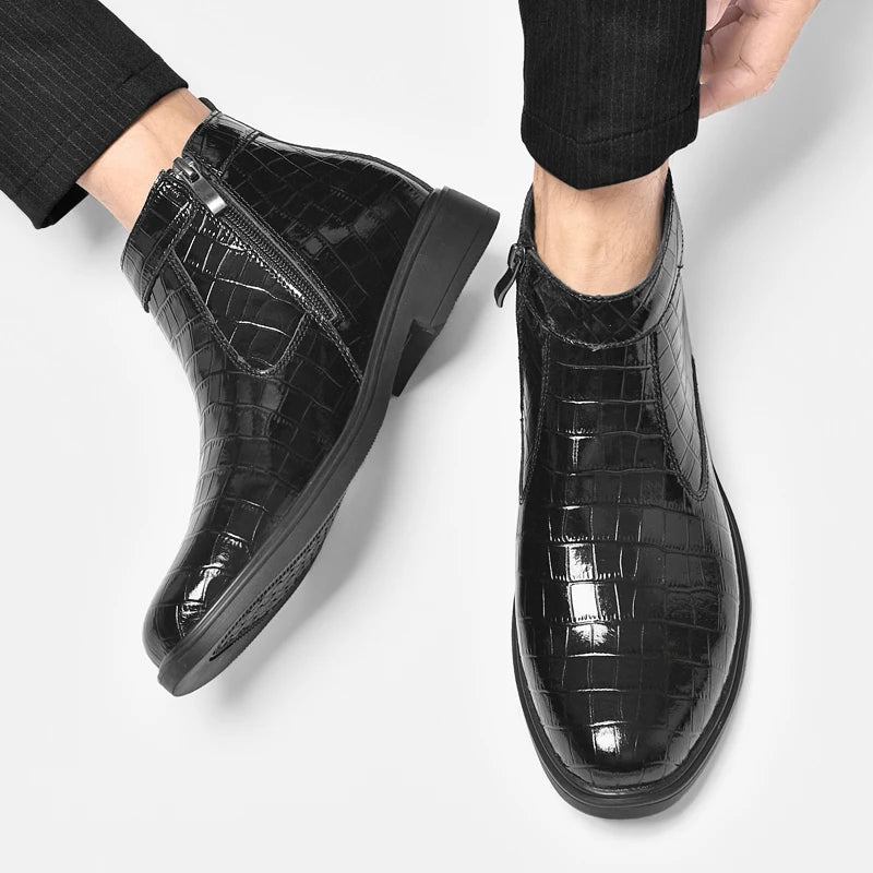 Autumn Winter Mens Patent Leather Boots Men Casual Brown Black Ankle Boots With Side Zipper Big Size 47 48
