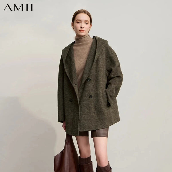 Amii Women's Coat 2026 Winter New Solid Hooded Double Breasted Wool Jacket For Woman Warm Versatile Loose Coat Ladies 12544043