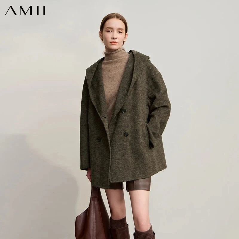 Amii Women's Coat 2026 Winter New Solid Hooded Double Breasted Wool Jacket For Woman Warm Versatile Loose Coat Ladies 12544043