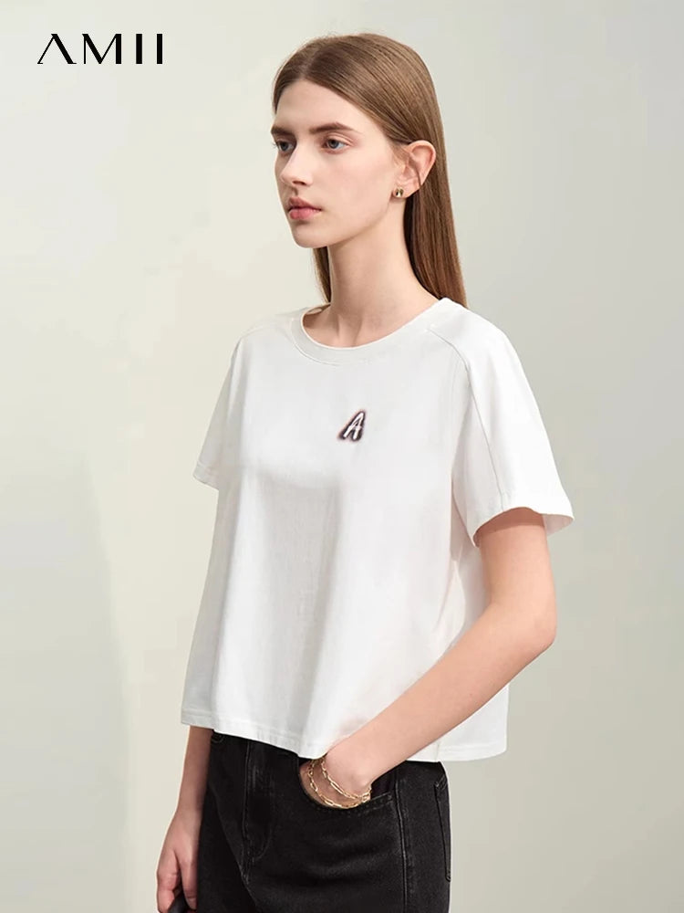 Amii Minimalism T-shirts for Women 2026 Summer New Loose Tops Short Sleeve T-shirt O-Neck Letters Print Fashion Tees 12642002