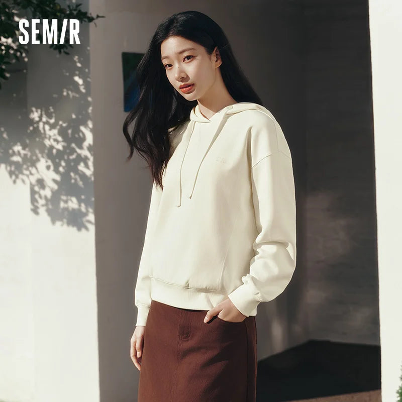 Semir Embroidered Hoodie Women Spring Hooded Loose Split Design Minimalist Gentle Style Casual Comfortable Pullover