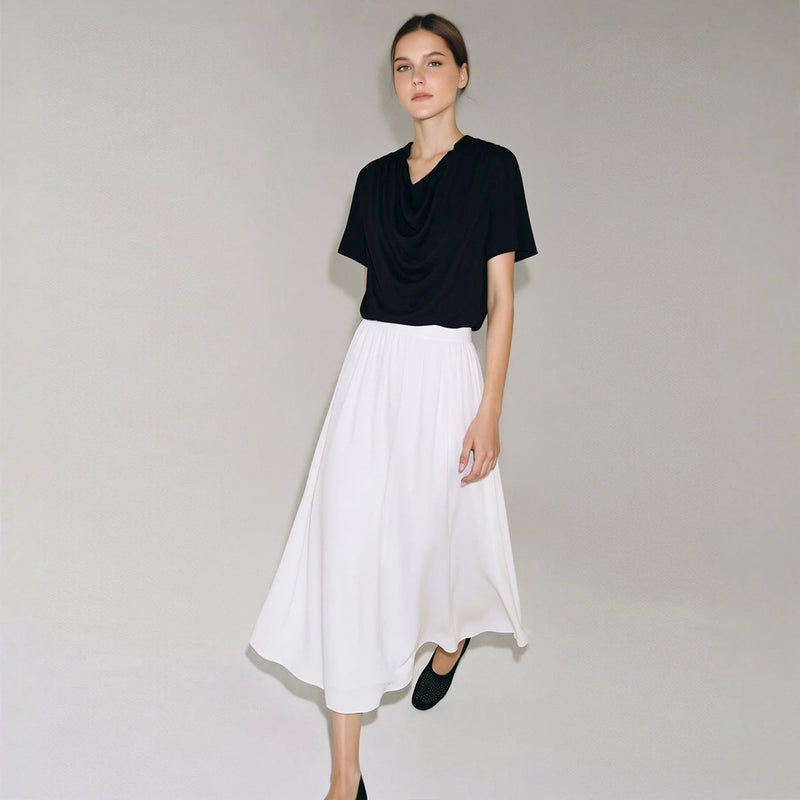 Amii Women's Summer Blouse 2026 New Cowl Neck Patchwork Chiffon Top Straight Fit Short Sleeve Casual Ladies Blouses 12642157